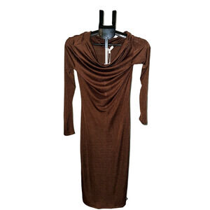 NWT WAYF METALLIC BROWN OFF THE SHOULDER LONG SLEEVE COWL NECK MAXI DRESS